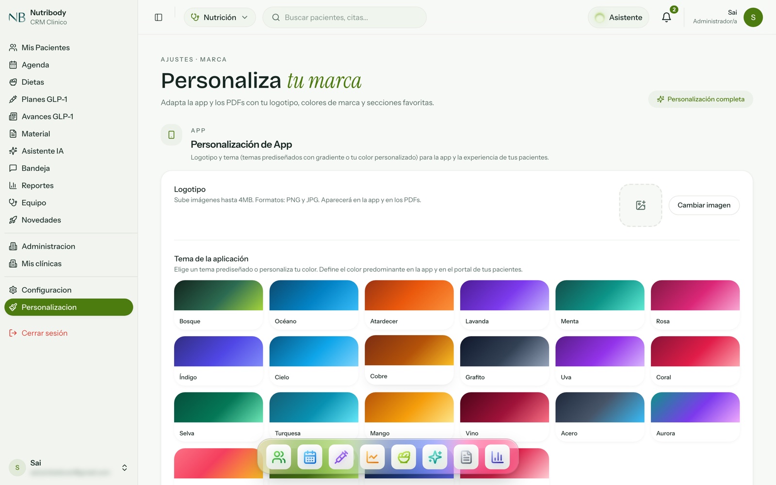 Pantalla de personalización